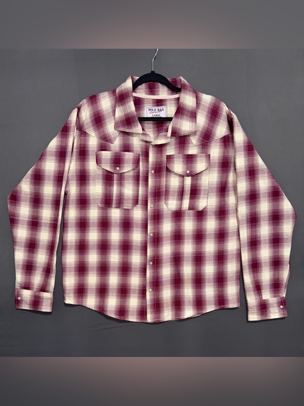 Wild Rag Garments Plaid Western Pearl Snap Flannel Shirt Maroon Cream Large